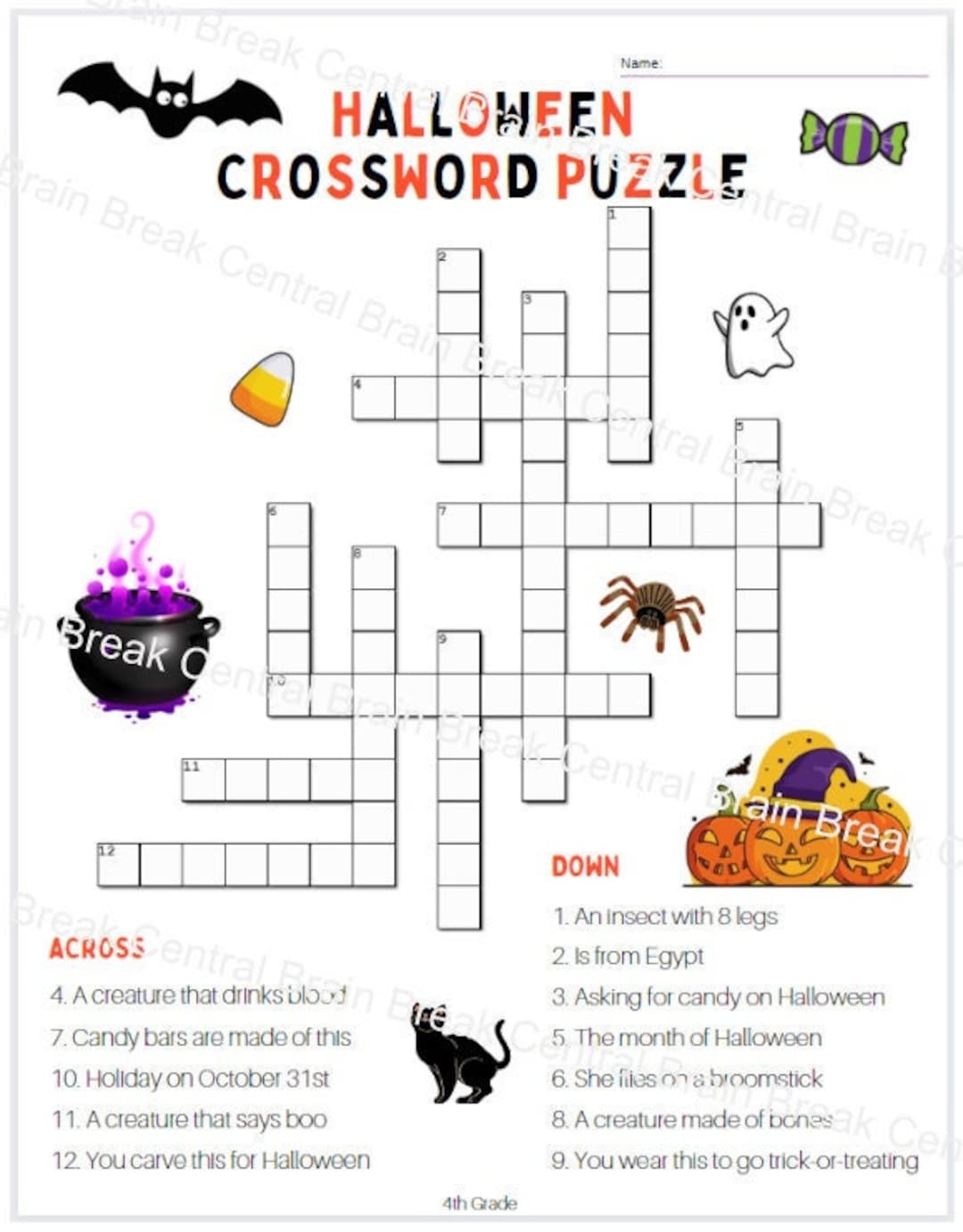 4th Grade Halloween Crossword Puzzle With Answer Key Etsy