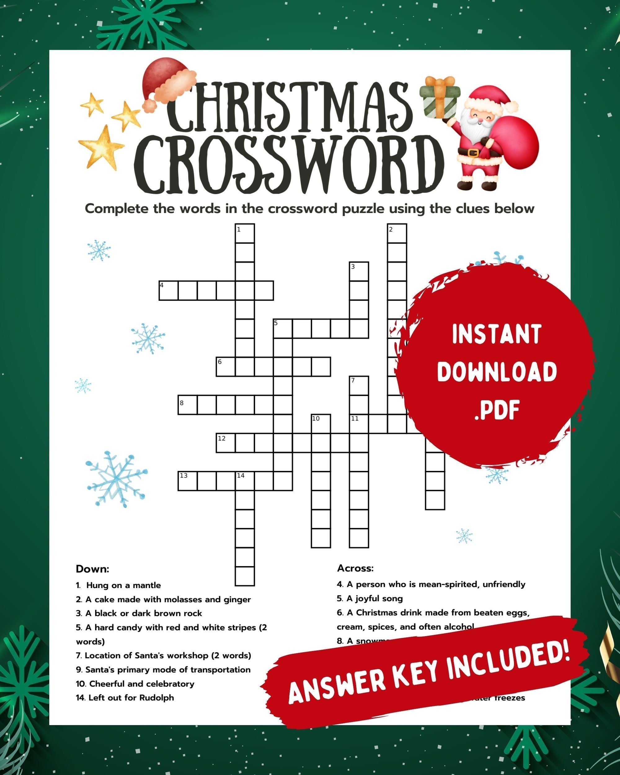 Christmas Crossword Crossword With Answer Key Printable Christmas Crossword Christmas Activities Printable Games Xmas Party Games Etsy UK