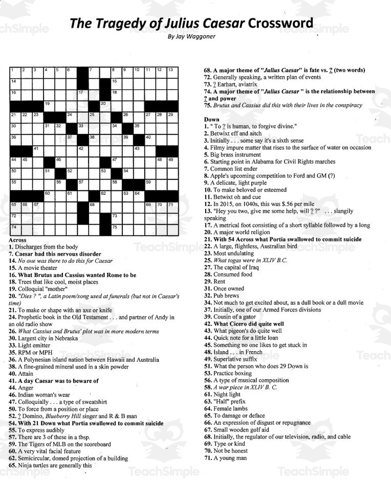 Crossword Puzzle The Tragedy Of Julius Caesar By Teach Simple