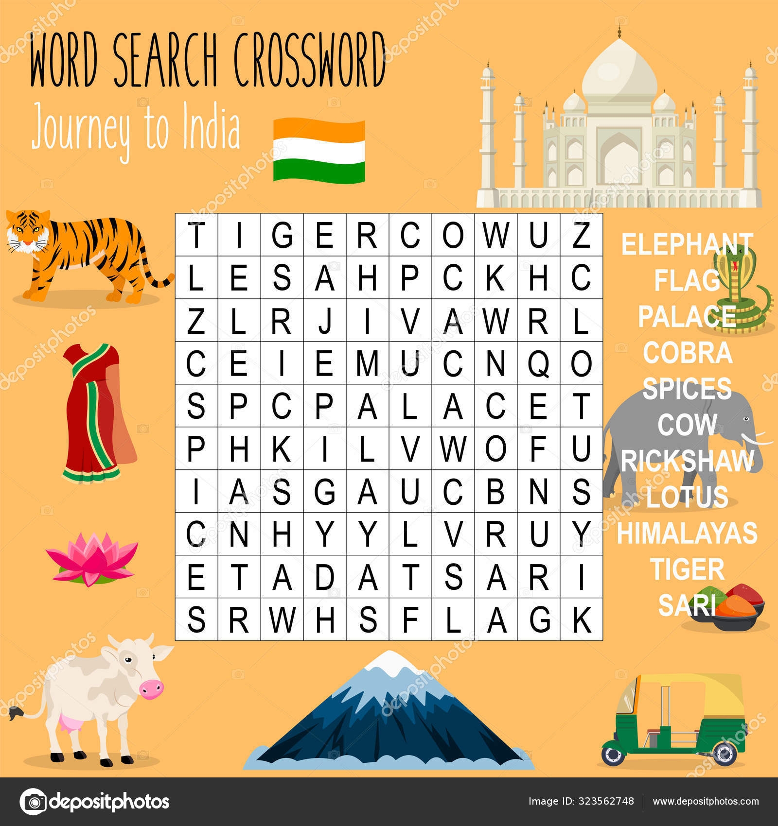 Easy Word Search Crossword Puzzle Journey India Children Elementary Middle Stock Vector By yekaterinalim 323562748