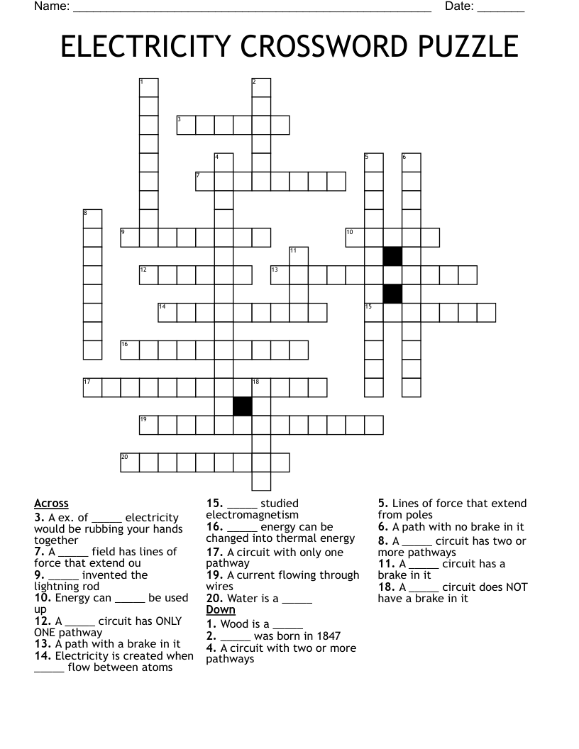 ELECTRICITY CROSSWORD PUZZLE WordMint
