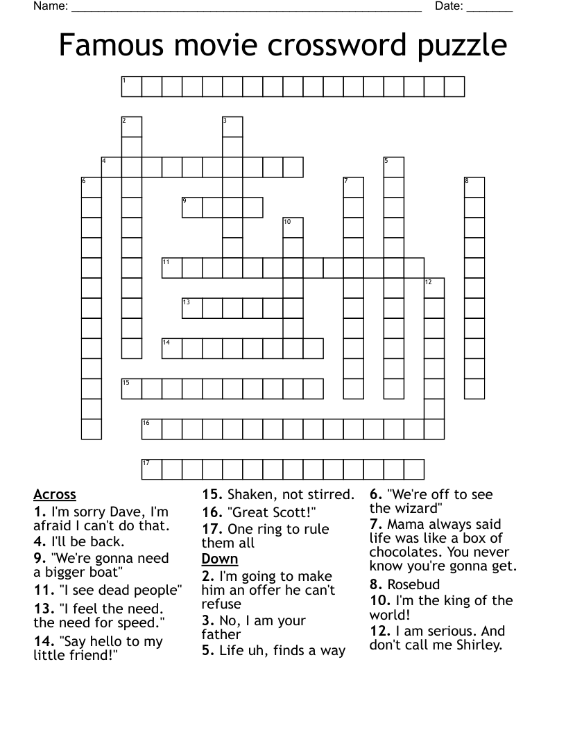 Famous Movie Crossword Puzzle WordMint