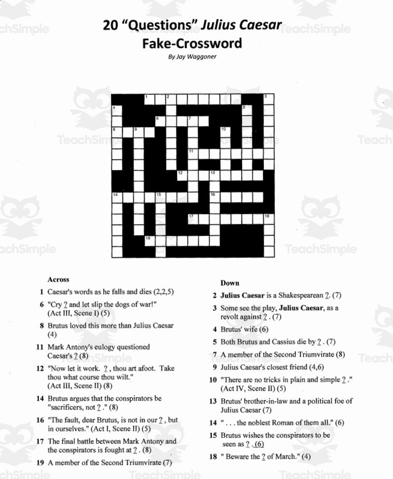 Pseudo Crossword 20 Questions Julius Caesar By Teach Simple