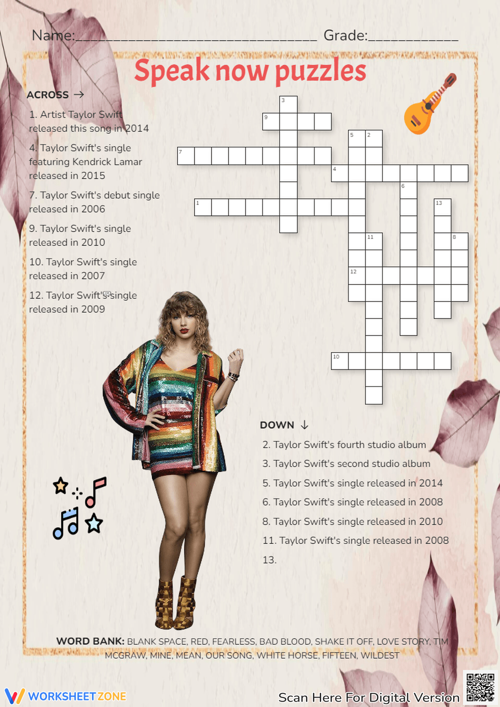 Taylor Swift Crossword Worksheets 2025
