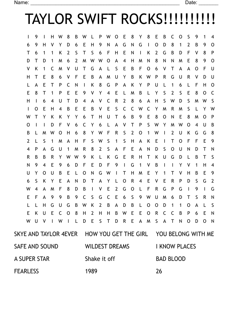 Crossword Puzzle Taylor Swift