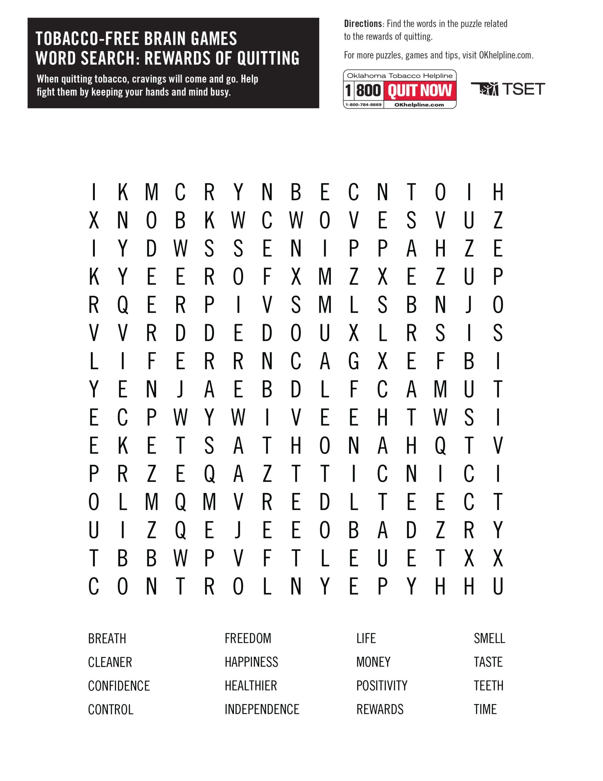 Tobacco Free Word Search Oklahoma Tobacco Helpline