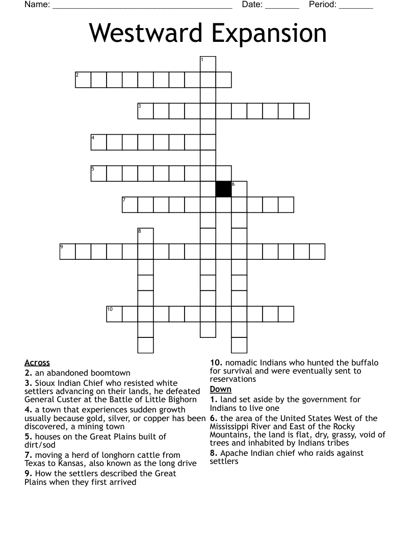 Westward Expansion Crossword WordMint