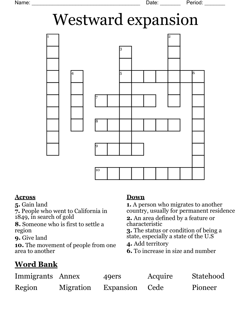 Westward Expansion Crossword WordMint