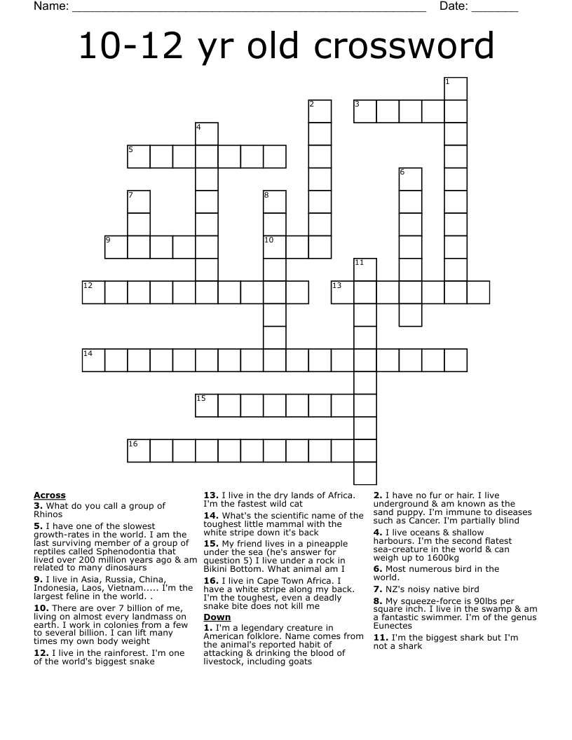10 12 Yr Old Crossword WordMint