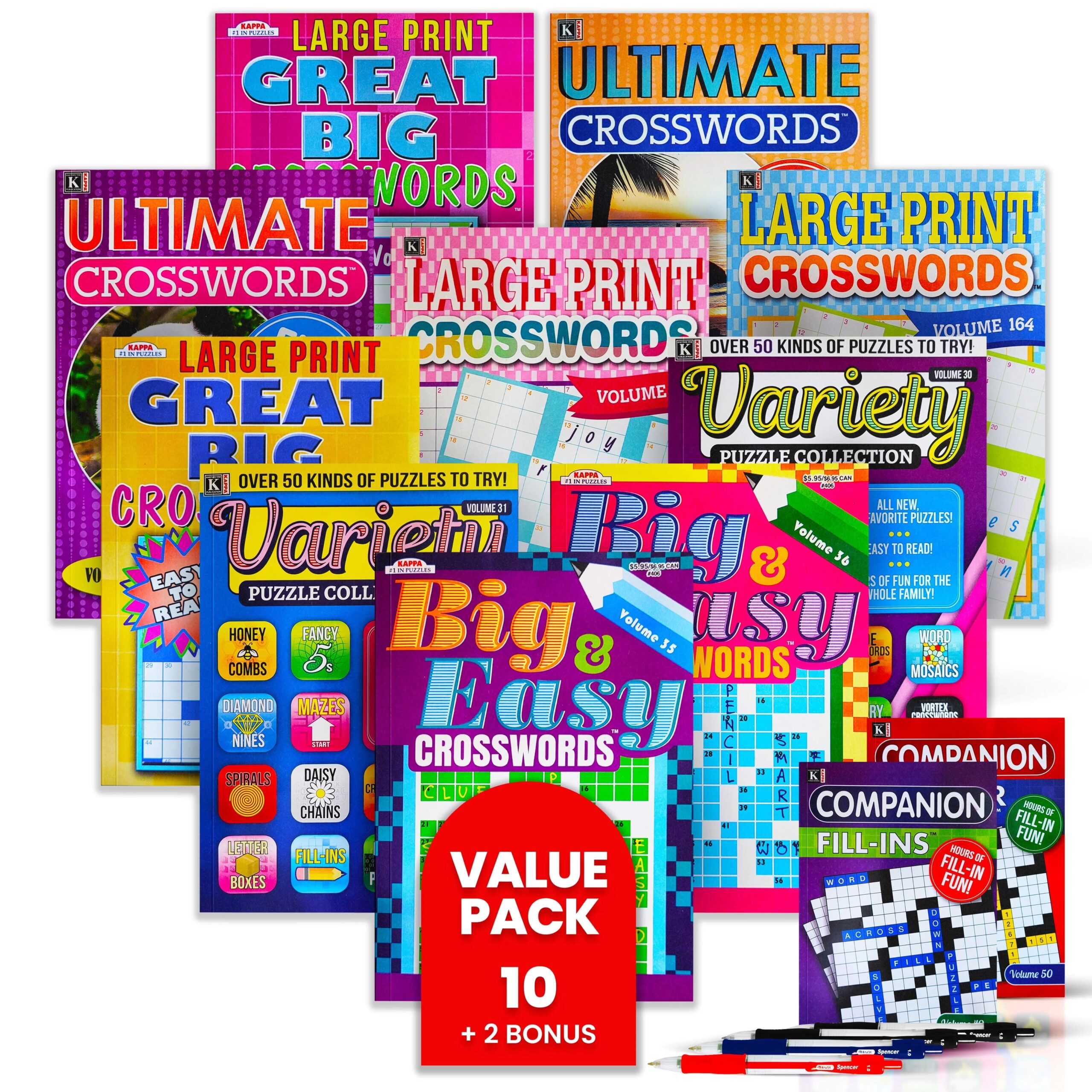 10 Pack Large Print Crossword Puzzles For Seniors Plus 2 Fill In Puzzle Books And 4 Pens Big Bold Easy to Read Perfect Brain Stimulation Elderly 