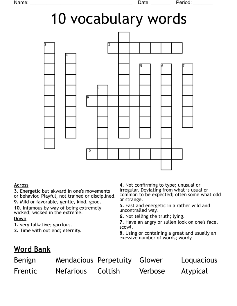10 Vocabulary Words Crossword WordMint