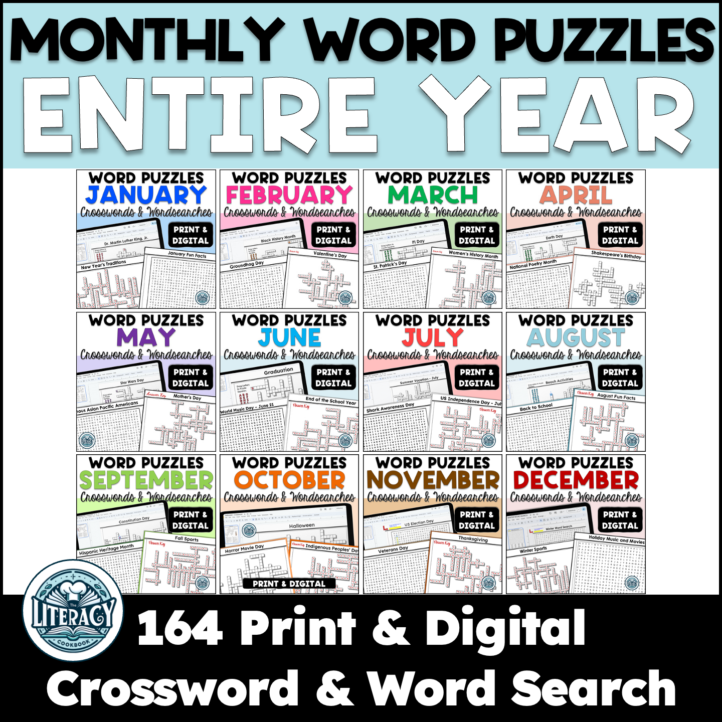 164 Monthly Crossword Puzzles And Word Search Puzzles Print Digital Resources Made By Teachers