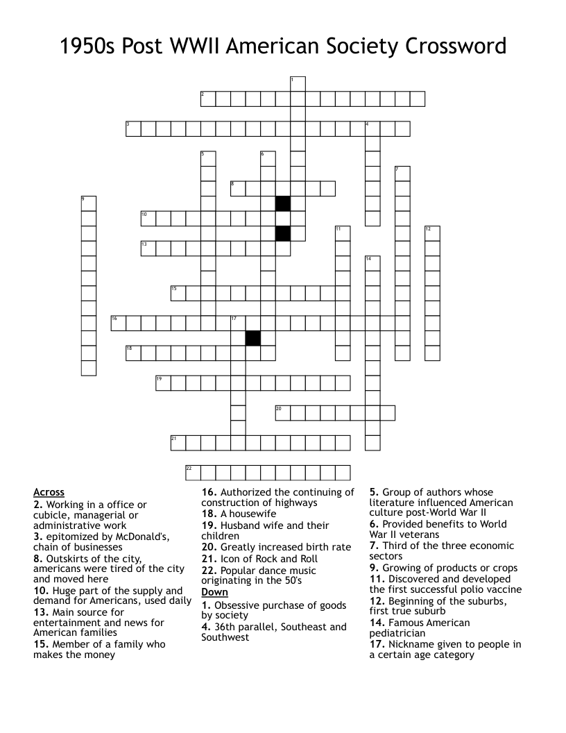 1950s Post WWII American Society Crossword WordMint