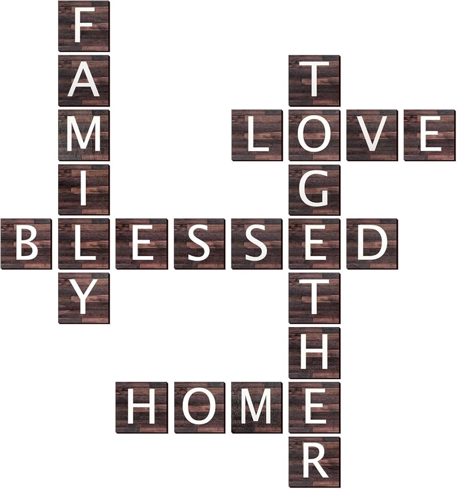 25 Pcs Rustic Crossword Tiles For Wall Decor Square Wooden Letters Hanging Puzzle Wall Tiles Family Blessed Love Together Home Sign Wooden Wall Ready To Hang Tiles For Wall Art Farmhouse Brown 
