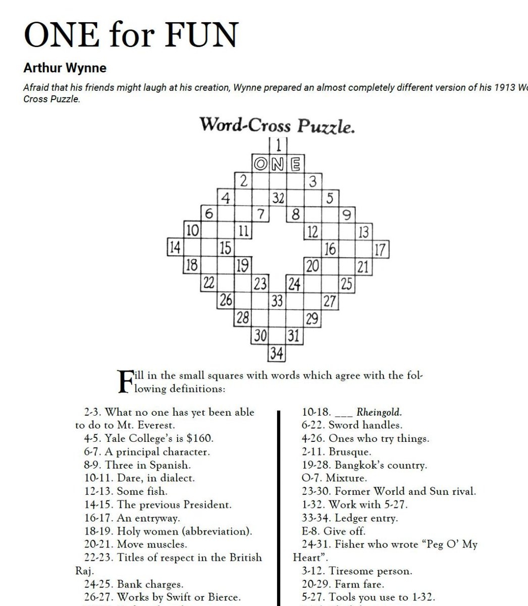 AJ Jacobs On X The Theme Is Great Historical Puzzlers So The First Puzzle Is This One An Homage To Arthur Wynne Inventor Of The Crossword Https t co OyAtU6Cw3c X
