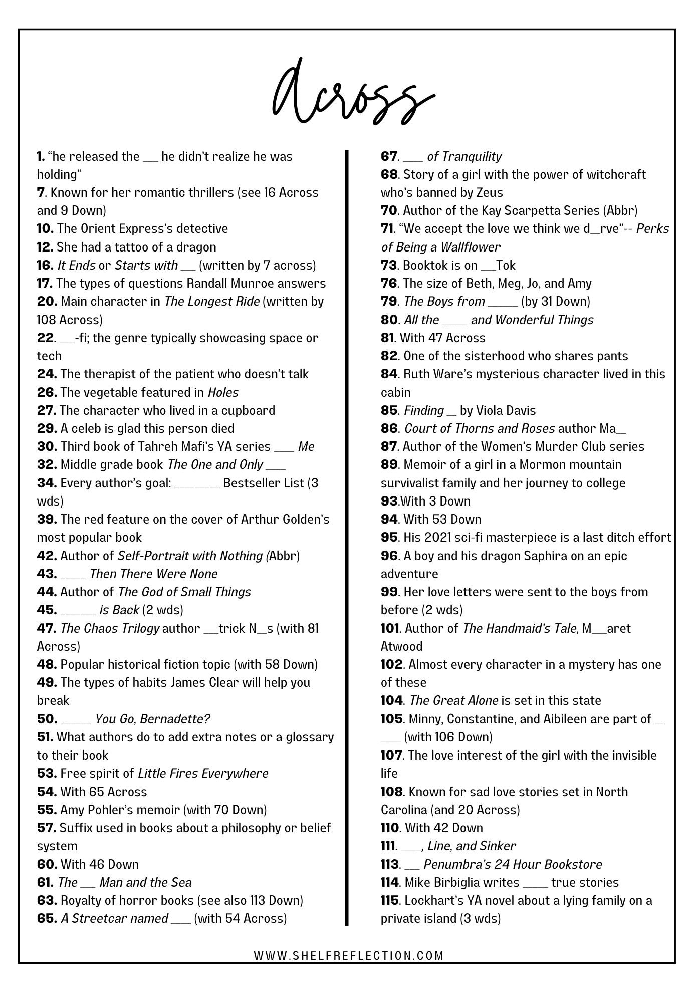 All About Books Crossword Puzzle By Shelf Reflection Crossword Puzzle Shelf Reflection Book Reviews 