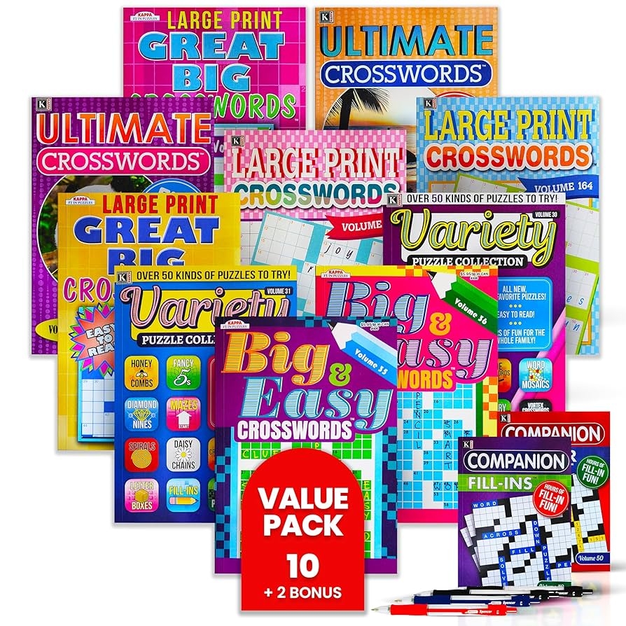 Amazon 10 Pack Large Print Crossword Puzzles For Seniors Plus 2 Fill In Puzzle Books And 4 Pens Big Bold Easy to Read Perfect Brain Stimulation Elderly Games For Retirement Hospital Activities 8 X 10 