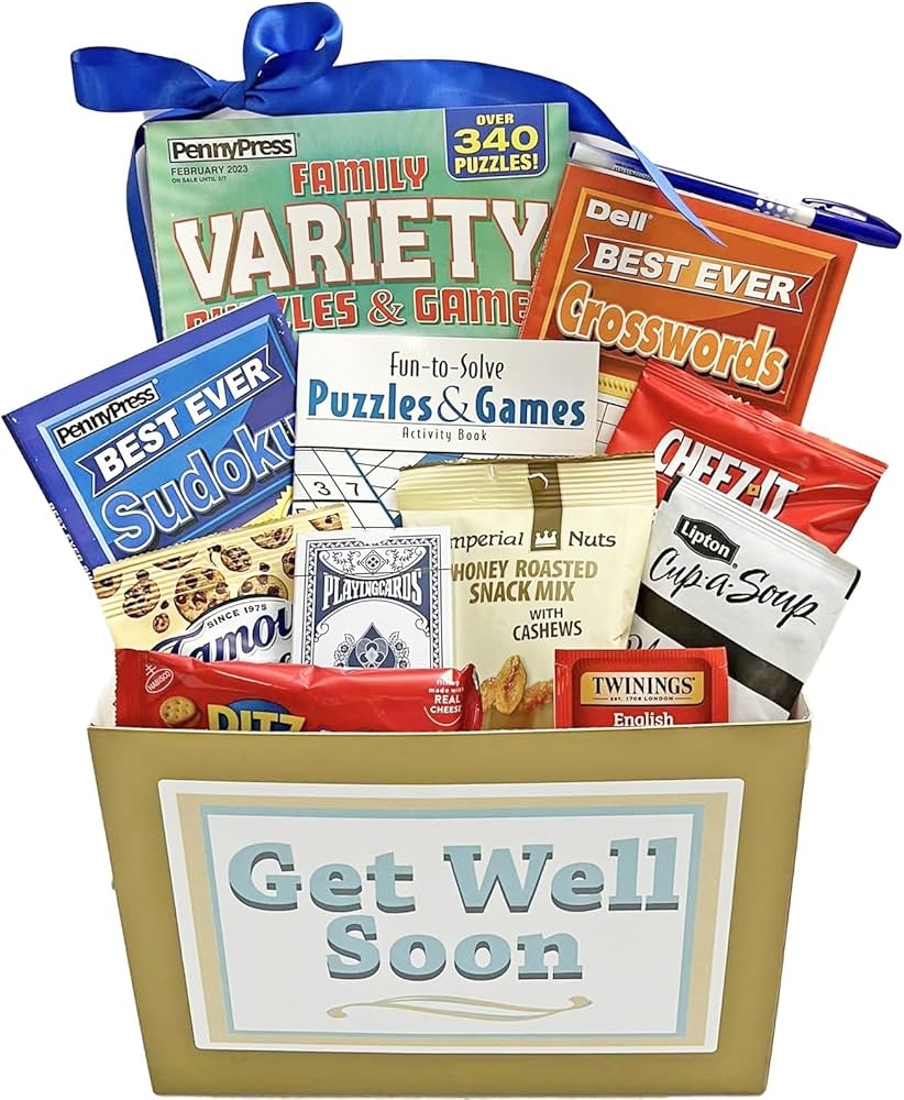 Amazon Gifts Fulfilled Comforting Get Well Soon Gift Basket Care Package For Men For Women Food And Puzzle Books Gift Baskets With Crossword Word Seek Variety And Sudoku Puzzle