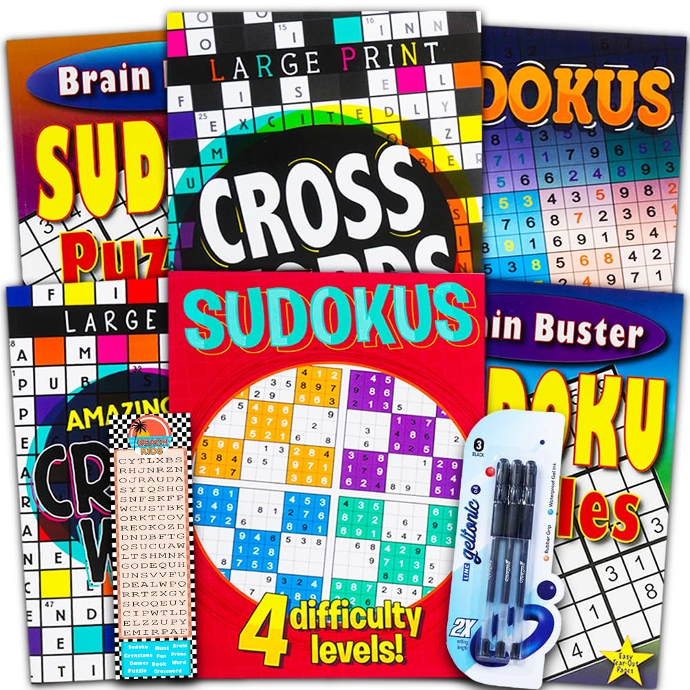 Amazon Sudoku Crossword Puzzle Books For Adults Seniors Super Set Bundle Of 6 Jumbo Crossword And Sudoku Puzzle Books Plus Pens And Bookmark Over 550 Puzzles Total Toys Games