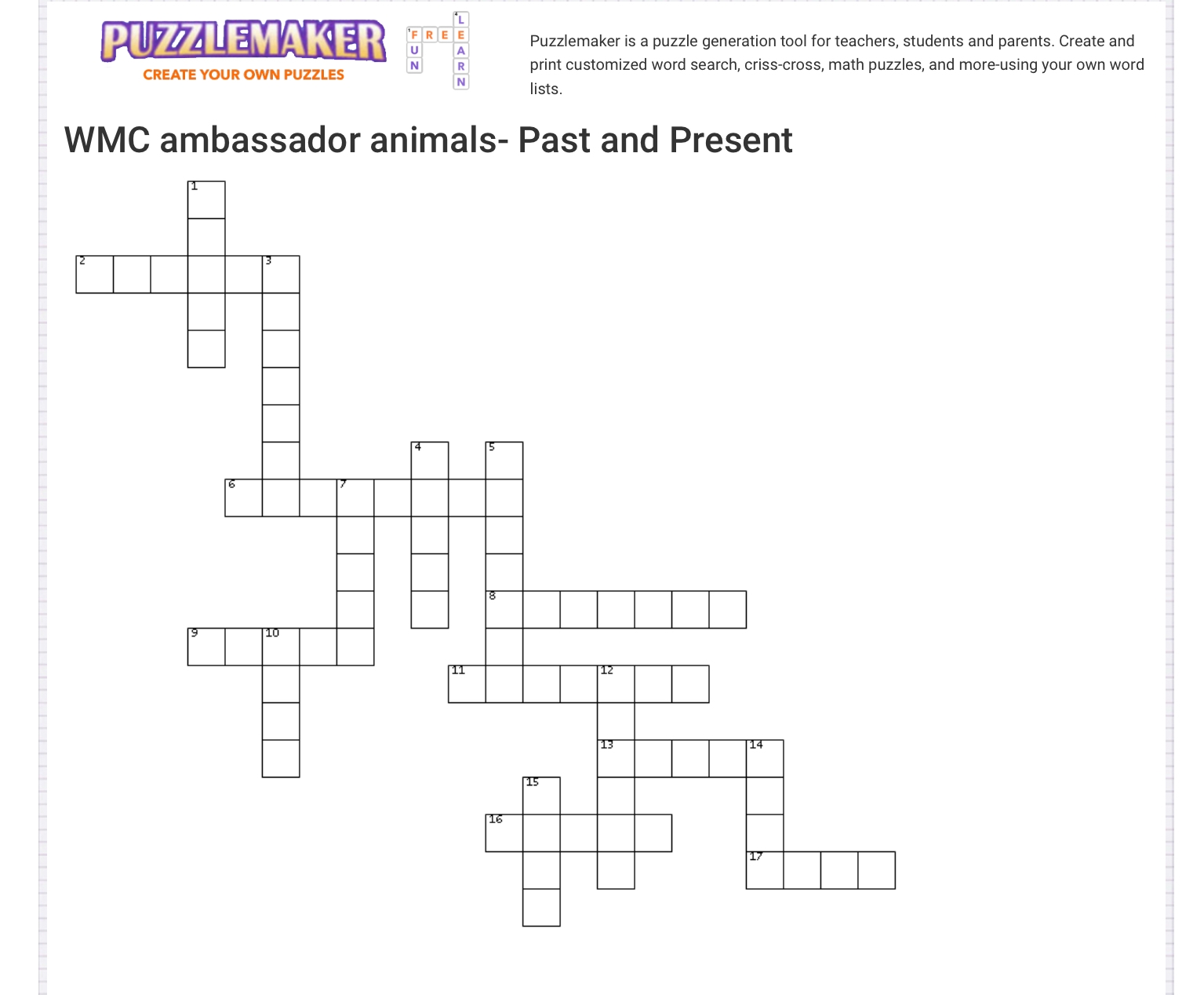 Ambassador Animals Crossword Puzzle Veterinary Medicine At Illinois