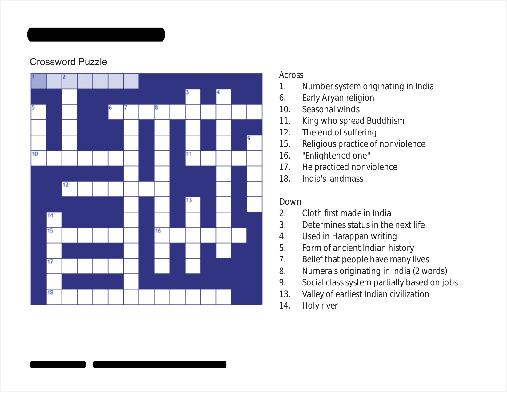 Ancient India Crossword Puzzle