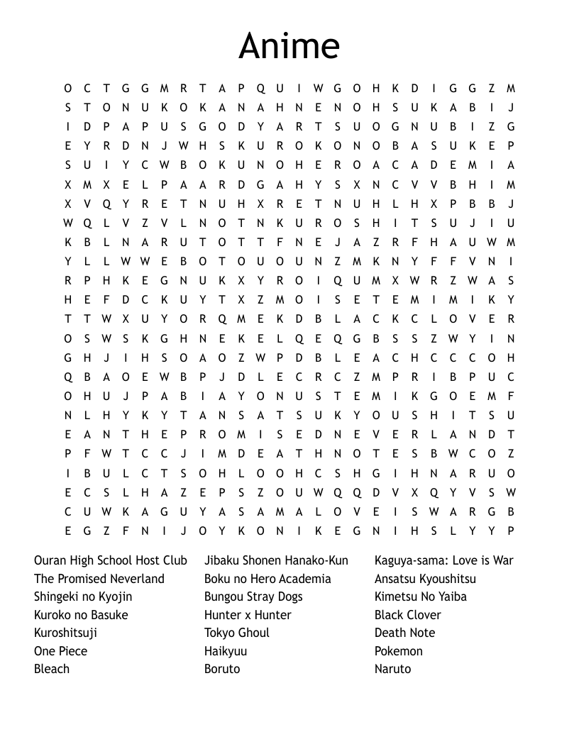 Anime Main Characters Crossword WordMint