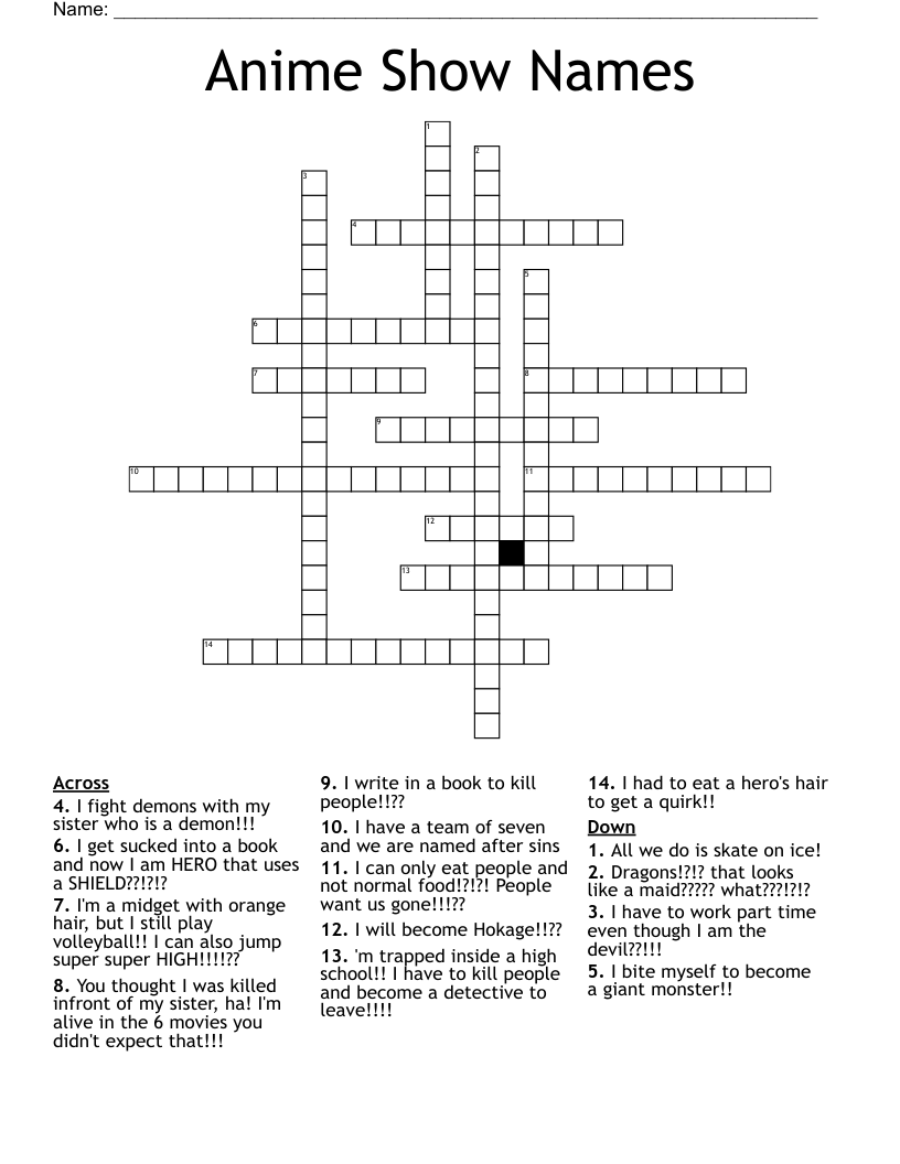 Anime Show Names Crossword WordMint