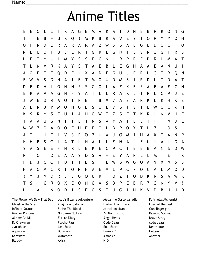 Anime Titles Word Search WordMint