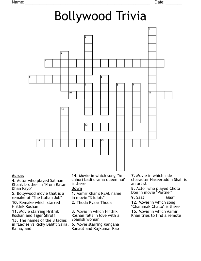 Bollywood Trivia Crossword WordMint