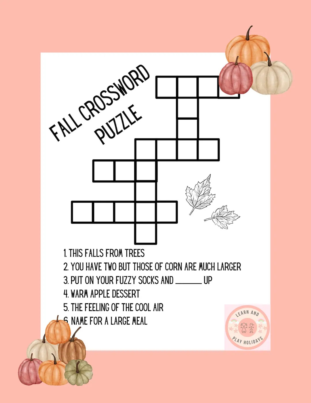 Children s Fall Crossword Puzzle Printable Activity Etsy