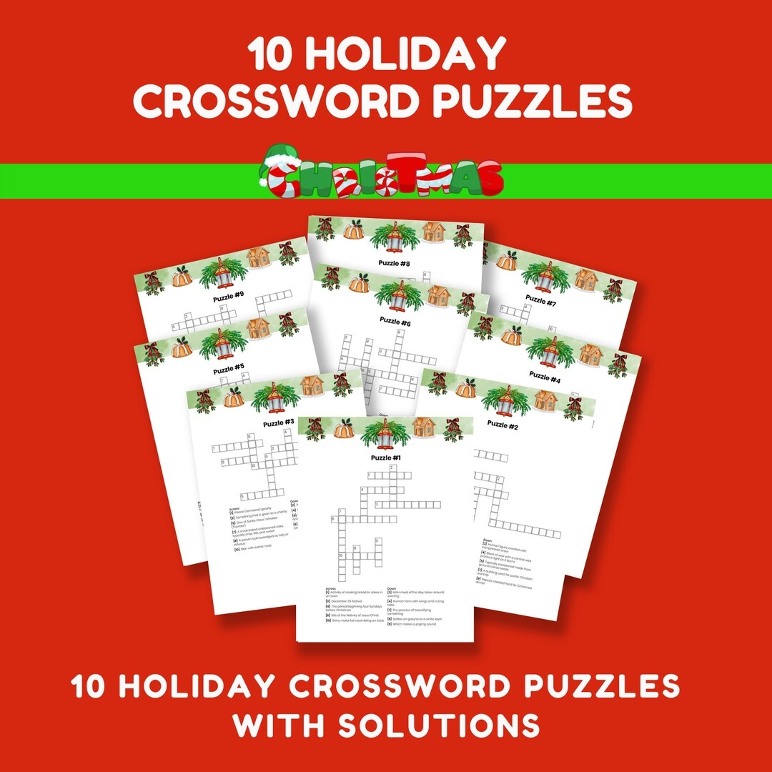 Christmas Holiday Printable Crossword Puzzles 10 Pack With Solutions Etsy