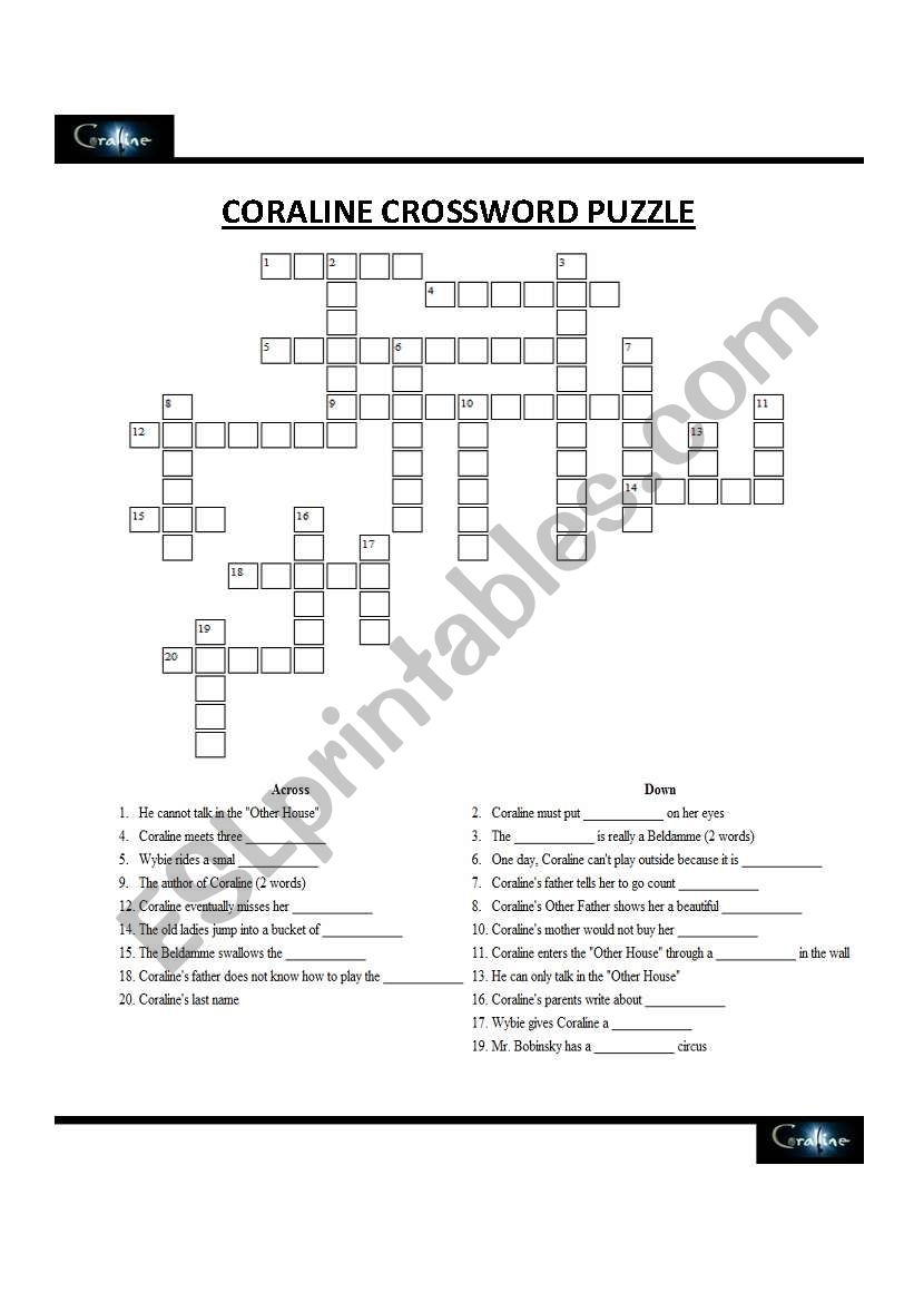 Coraline Movie Crossword Puzzle ESL Worksheet By Shlinder