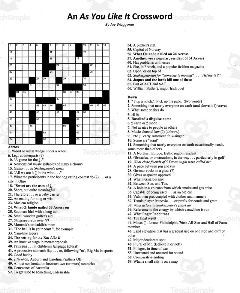 Crossword Puzzle As You Like It By Teach Simple