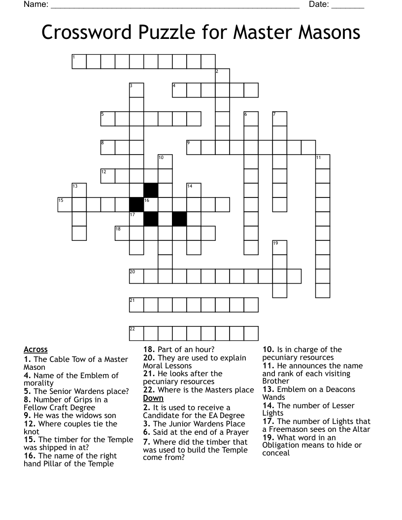 Crossword Puzzle For Master Masons WordMint