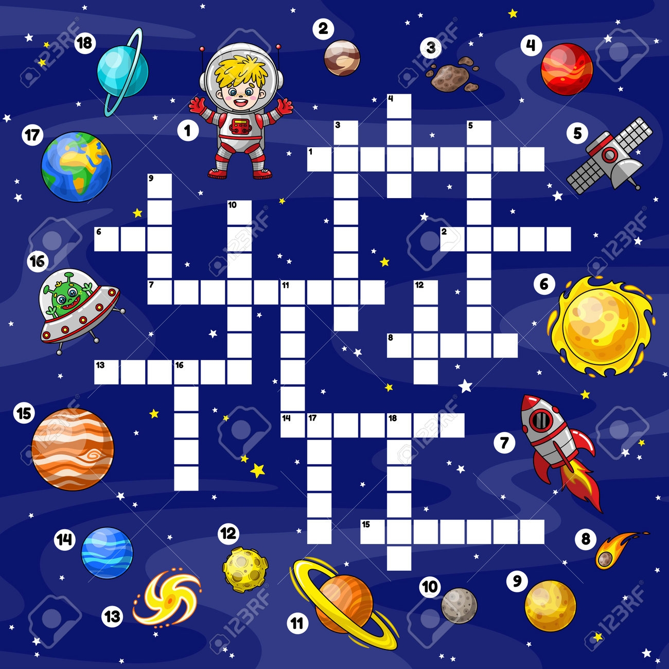 Crossword Puzzle Game For Kids On Space Theme Educational Worksheet For School Children Page Of Activity Book With English Words Cartoon Star Sun Planets Of Solar System Colorful Vector Design Royalty Free