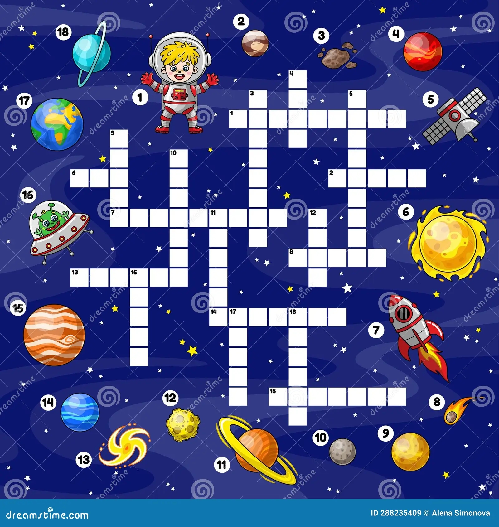 Crossword Puzzle Game For Kids On Space Theme Stock Vector Illustration Of Satellite Baby 288235409