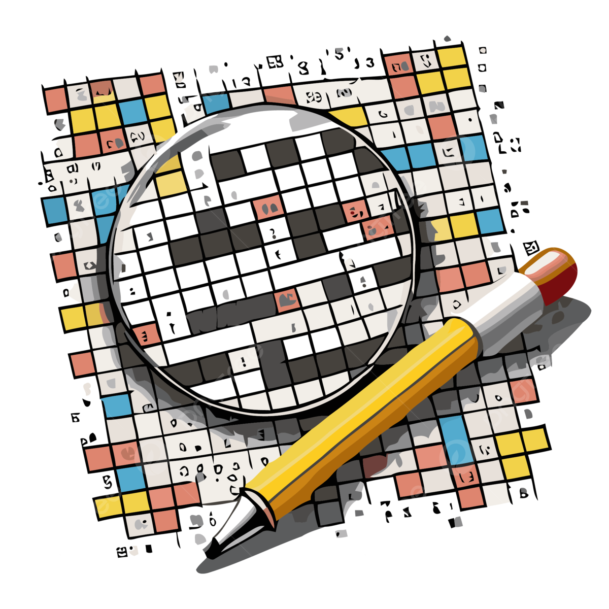 Crossword Puzzle Vector Sticker Clipart Crossword Puzzle Illustration With Magnifying Glass And Pencil On Top Cartoon Sticker Clipart PNG And Vector With Transparent Background For Free Download