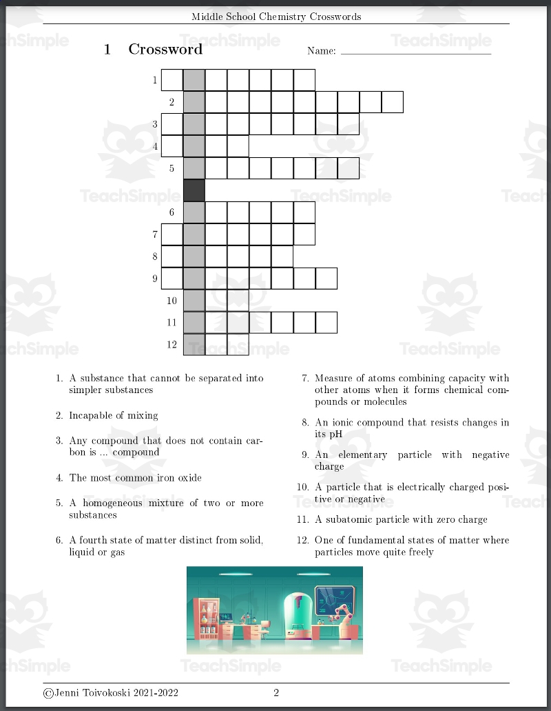 Crossword Puzzles About Middle School Chemistry By Teach Simple
