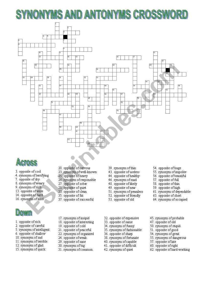 CROSSWORD SYNONYMS AND ANTONYMS OF ADJECTIVES ESL Worksheet By LAMERCHE