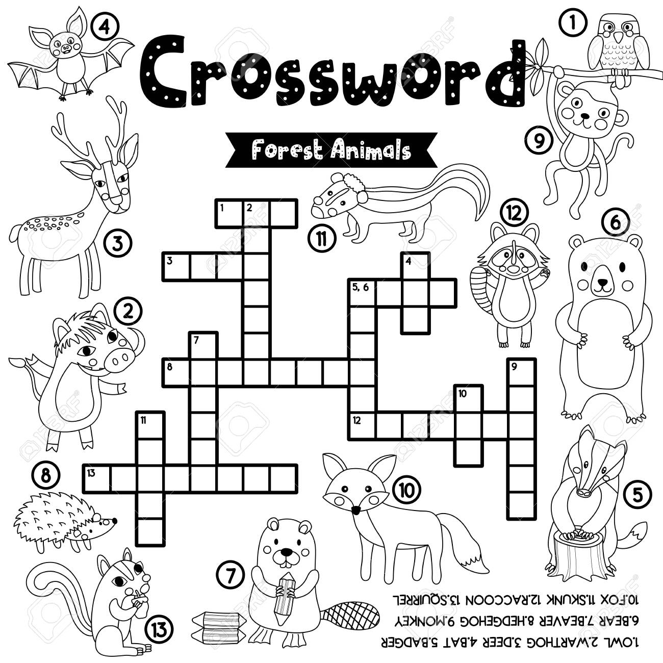 Crosswords Puzzle Game Of Forest Animals For Preschool Kids Activity Worksheet Coloring Printable Version Vector Illustration Royalty Free SVG Cliparts Vectors And Stock Illustration Image 134799170 