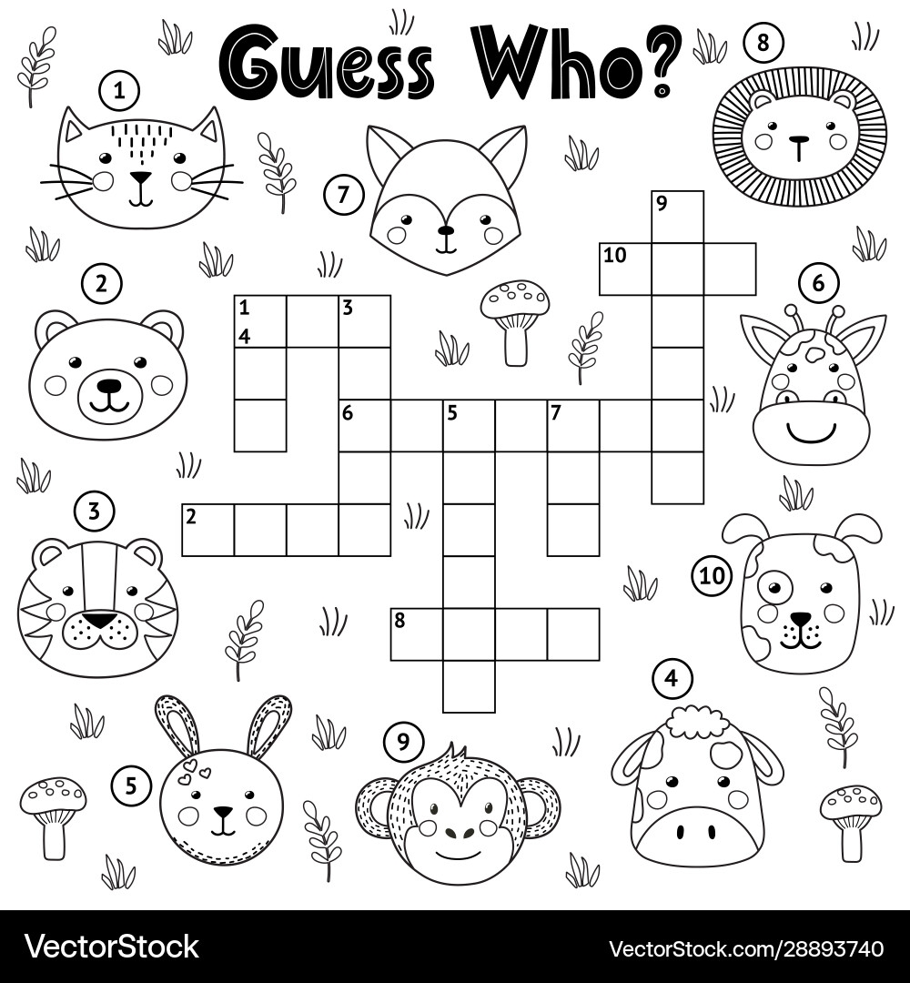 Cute Animal Crossword Puzzle For Kids Royalty Free Vector