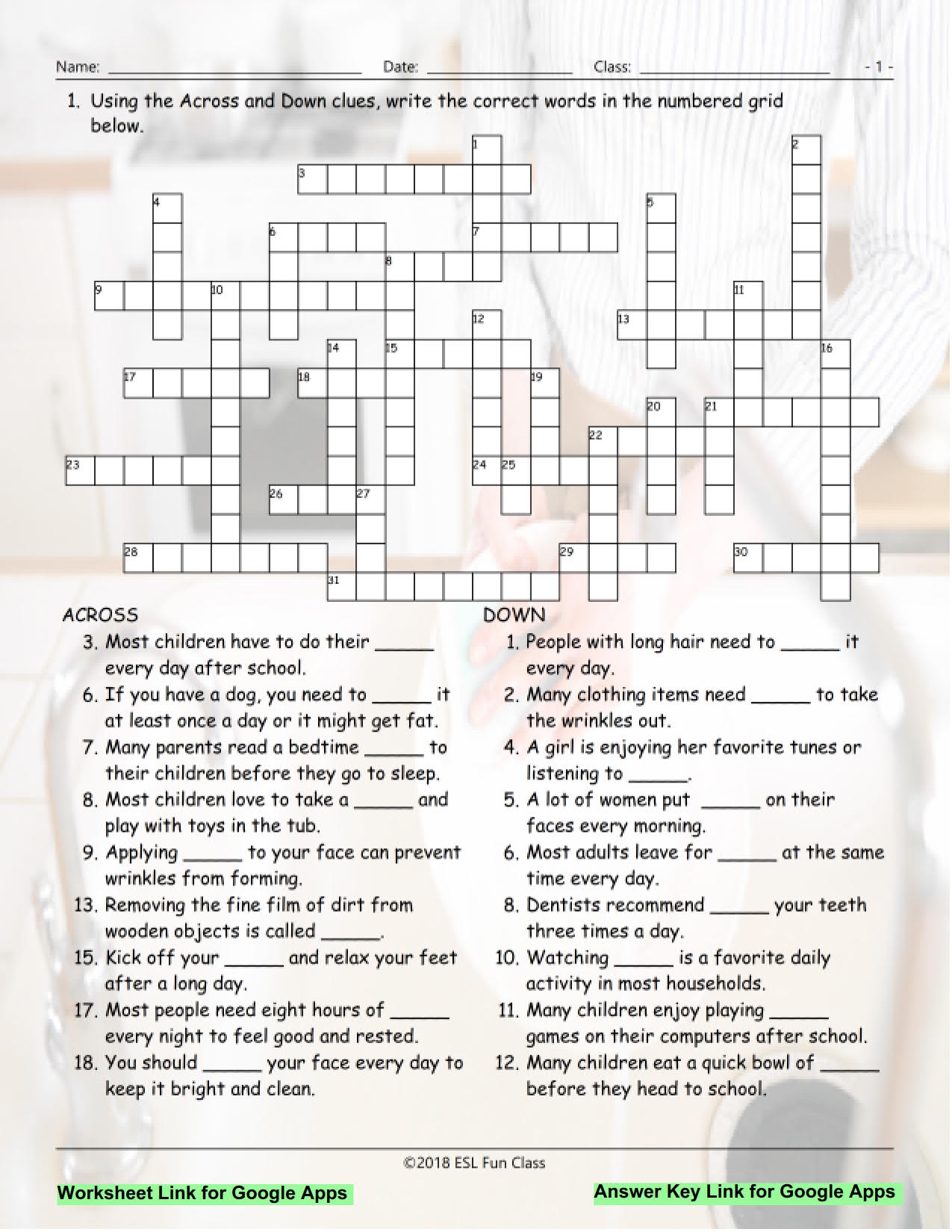 Daily Activities Interactive Crossword Puzzle For Google Apps Teaching Resources
