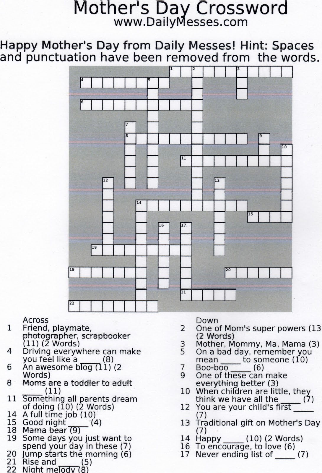 Mothers Day Crossword Puzzle