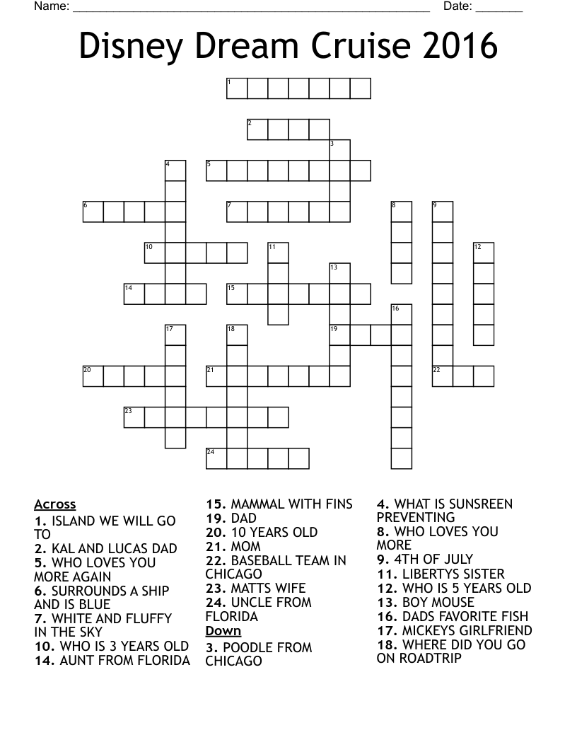 Disney Dream Cruise 2016 Crossword WordMint Worksheets Library