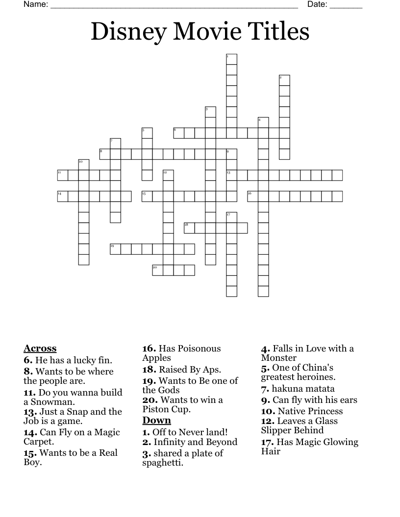 Disney Movie Titles Crossword WordMint