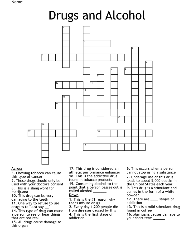 Drugs And Alcohol Crossword WordMint