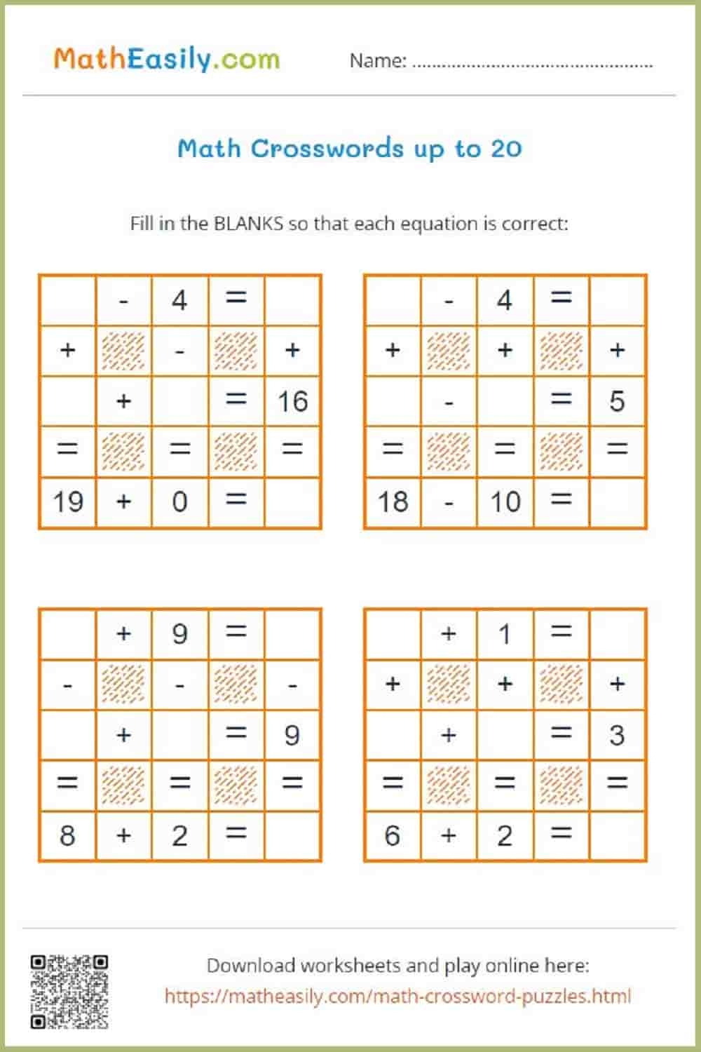Easy Math Crossword Puzzles Addition And Subtraction