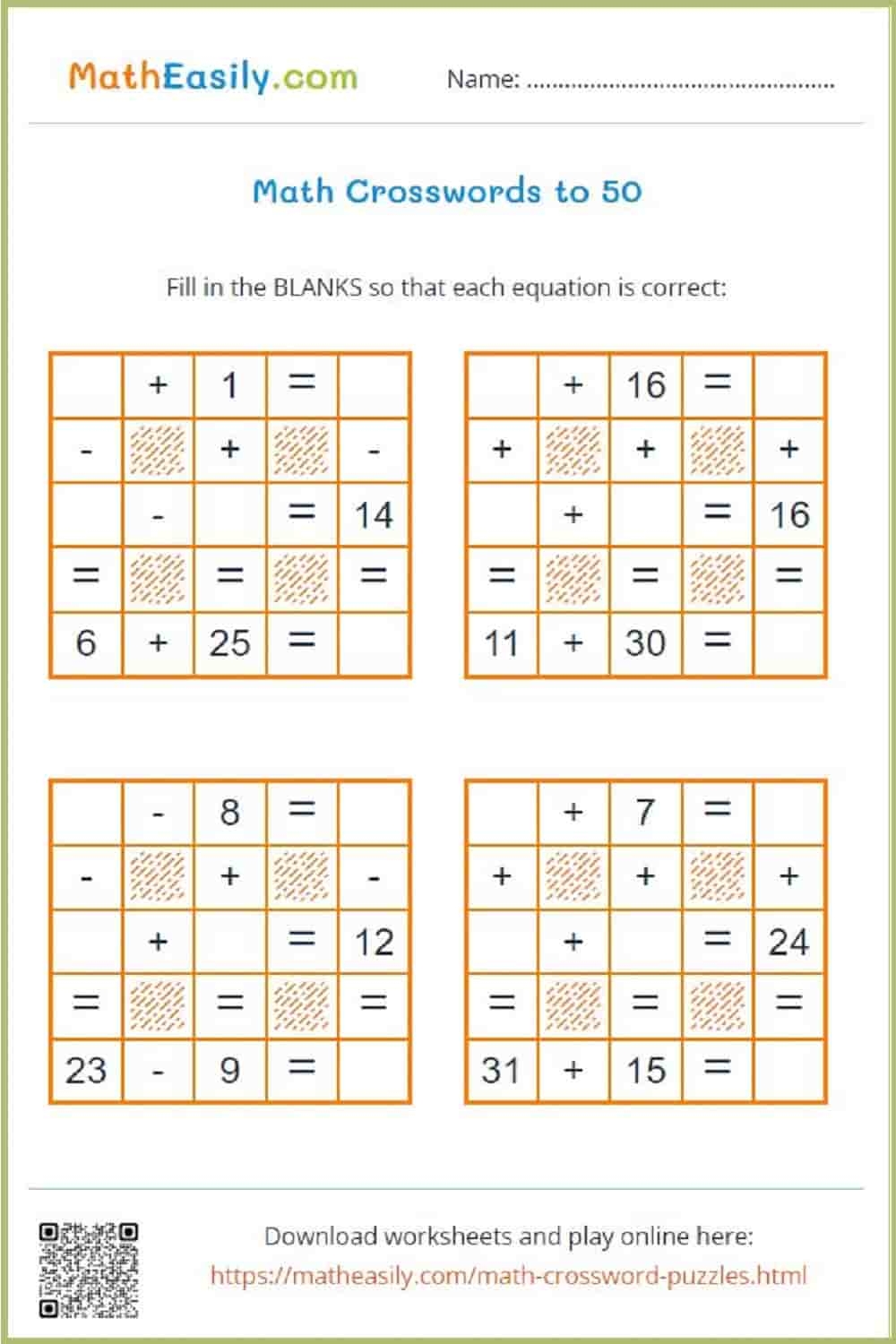 Easy Math Crossword Puzzles Addition And Subtraction