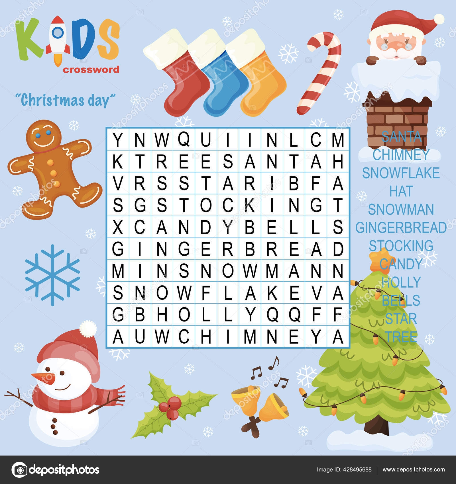 Easy Word Search Crossword Puzzle Christmas Day Children Elementary Primary Stock Vector By yekaterinalim 428495688