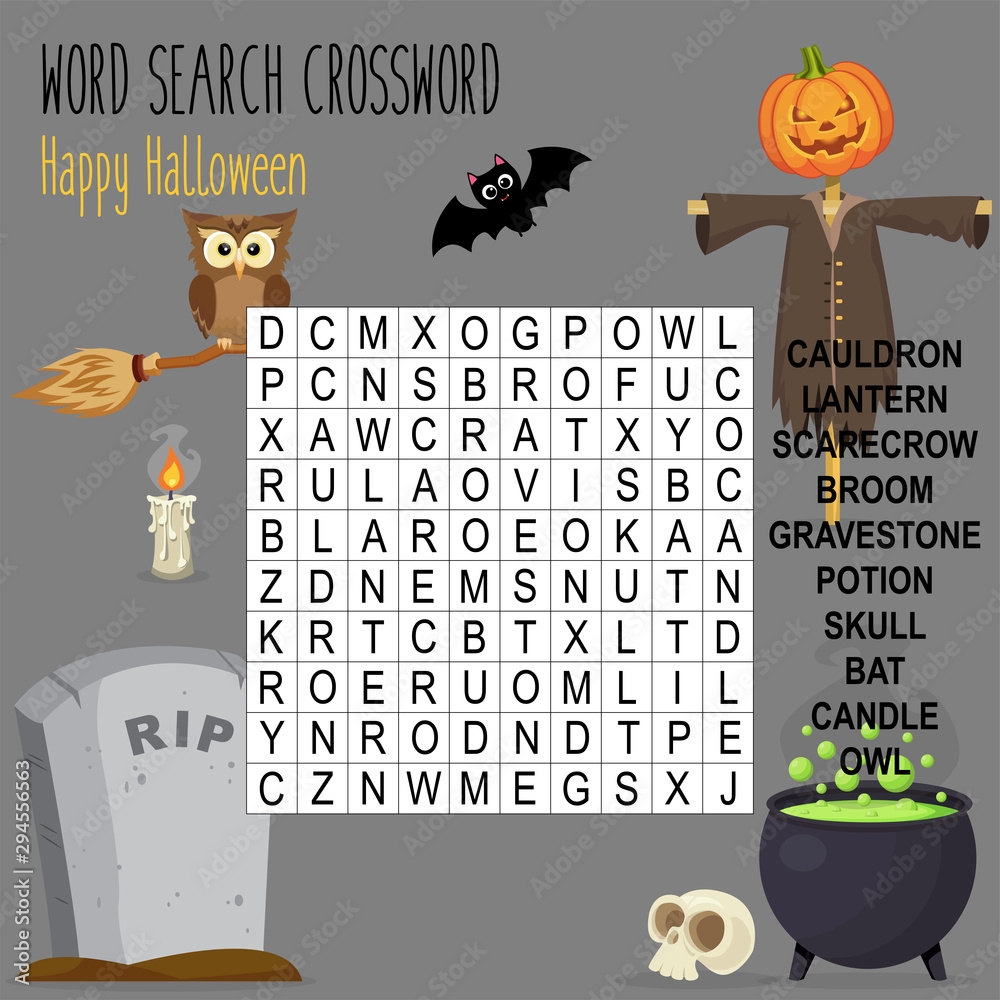 Easy Word Search Crossword Puzzle Happy Halloween For Children In Elementary And Middle School Fun Way To Practice Language Comprehension And Expand Vocabulary Includes Answers Stock Vector Adobe Stock